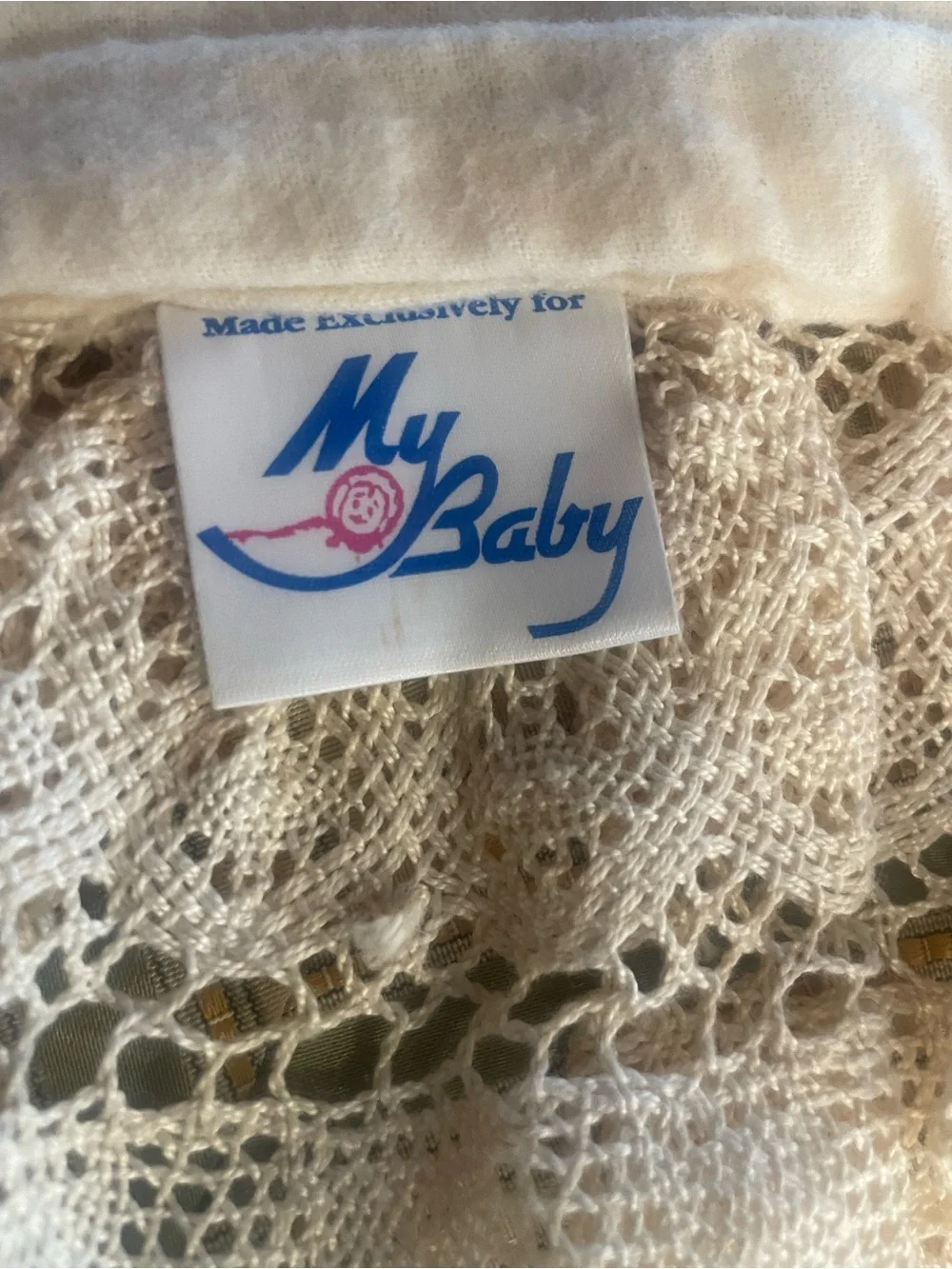 “My Baby” Vintage-Inspired Cream with Green & Pink Floral Border Throw. 48” sq